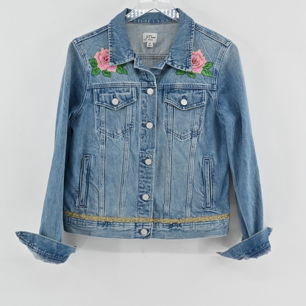 Custom J Crew Rose Denim Jacket Womens Size M Floral Applique Cotton Gold Trim